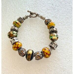 Artisan Murano Style Lampwork Glass & Silver Tone European Charm Toggle Bracelet